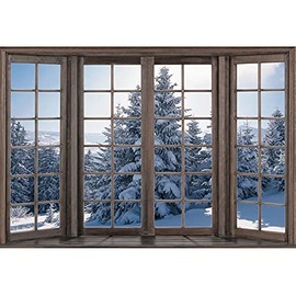 Xiaoterna 7x5ft Winter Snow Scene Backdrops Rustic Wooden Window Forest Photography Background White Pine Tree Landscape Party Backdrop White World Christmas Kids Holiday Party Decoration