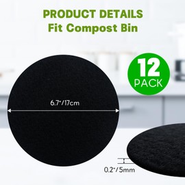 12 Pack - 6.7 Inch Round Compost Bin Charcoal Filters,Extra Thick Activated Carbon Charcoal Filters for Longer Lasting Odor Control, Fits Countertop and Home Bucket Kitchen Compost Bins (Refill)​