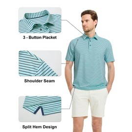 Rouen Mens Polo Shirts Short Sleeve Striped Lightweight Dry Fit Mens Golf Shirts Performance Collared Mens Polo