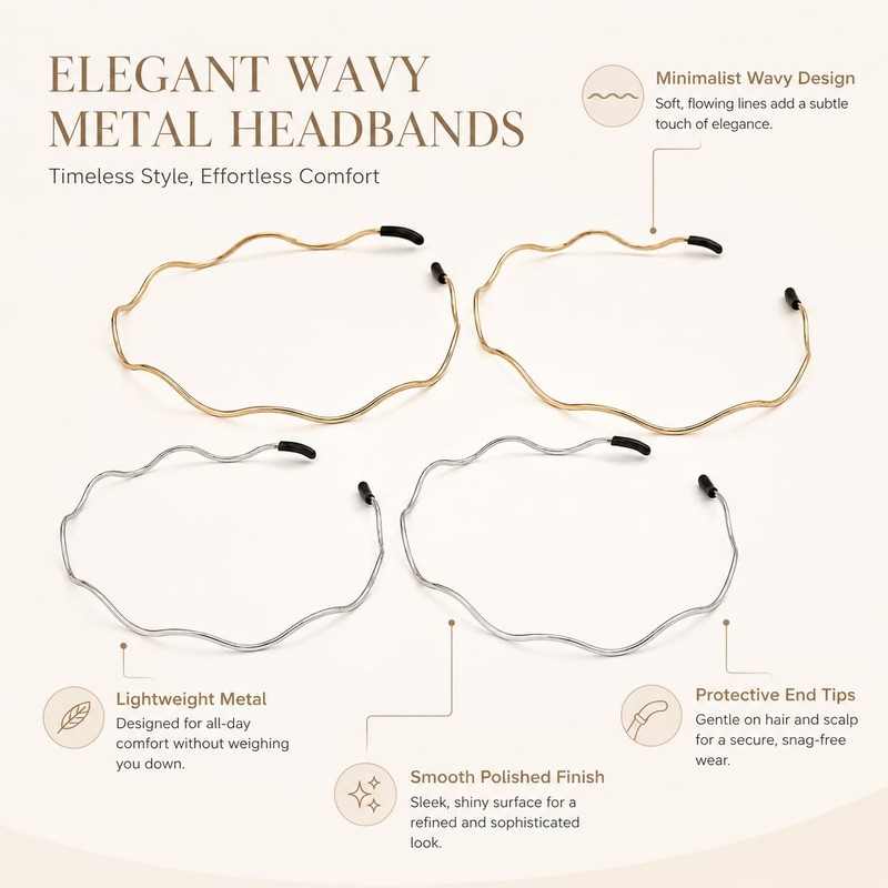 4Pc Thin Metal Headbands, Wavy Headband, Fashionable Hair Accessories for