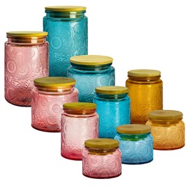 LINGSHINE Vintage Glass Jars With Airtight Bamboo Lids, 10 Pieces Colored Embossed Food Storage Containers Blue Pink Amber in 4/8/12/18 oz, Empty Decorative Jars For Candle Making