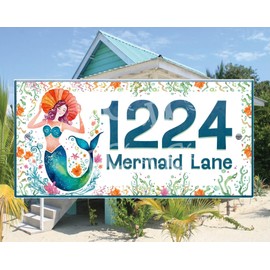 Decorative House Number Sign, Mermaid Lane Address Plaque, Ceramic Tile with Coastal Design