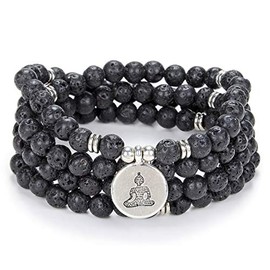 Zen Buddha Necklace Mala Prayer Stone Beads 108 Bracelet with Yoga Lucky Charm for Meditation (Black Lava Stone)