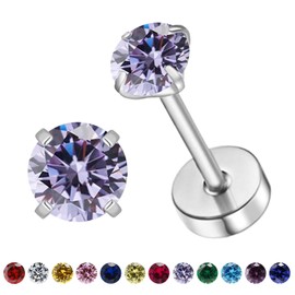 VDKIDKT Flat Back Birthstone Stud Earrings for Women Girls, 3mm Tiny CZ Flat Back Stud Earrings, Screw Back Tiny Earrings Studs, Cartilage/Tragus/Second Hole Earrings (Silver, 6.June-Alexandrite)