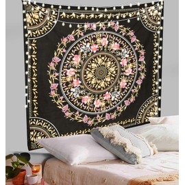 ANJANIYA Floral Wall Hanging Boho Tapestry, Mandala Dorm Décor Tapestry for Room, Beach, Wall, Psychedelic Hippie Wall Hanging Décor and Beach Coverlet Curtain (Black, 54"X60")