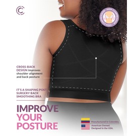CURVEEZ Post-Surgery Front Closure Wireless Bra, Compression Shapewear Top with Wide Straps for Breast Augmentation Recovery Black