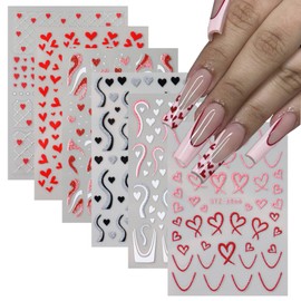Valentine's Day Nail Art Stickers 3D Self-Adhesive Glitter Heart Nail Stickers Sparkling Pink Black White French Irregular Lines Red Love Heart Nail Design Valentines DIY Nail Art Decals 6 Sheets