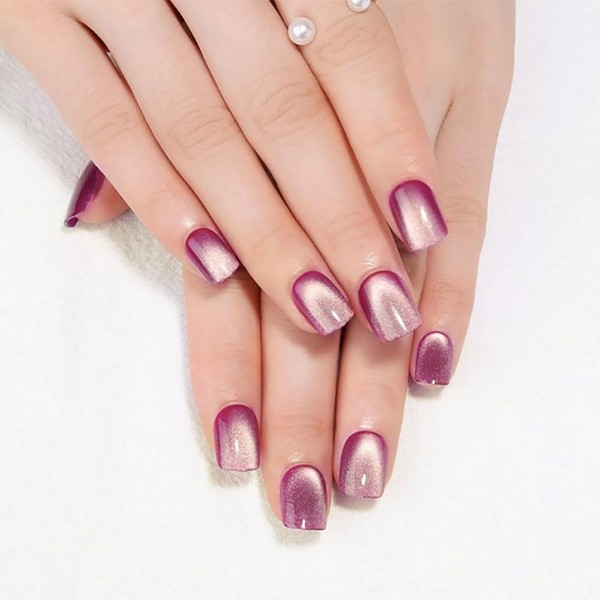 evpct Purple Cat Eye Short Press on Nails Square, Short