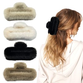 SACXFMC 4 PACK Large Faux Fur Hair Claw Clips Plush Hair Catch Barrette Jaw Clamp for Girls Hair Clips Claw Hair
