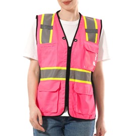SKSAFETY Safety Vest For Women, Class 2 High Visibility Security Drawstring waist Vest with Zipper, Hi Vis Vest with Reflective Strips, ANSI/ISEA Standard, Construction Work Vest(Pink/4XL)