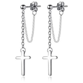 ANDPAI Unique Minimalist Punk 925 Sterling Silver Hypoallergenic Chain Ball Studs Earrings Cross Dangle Drop Earrings for Women Men Jewelry (Silver)