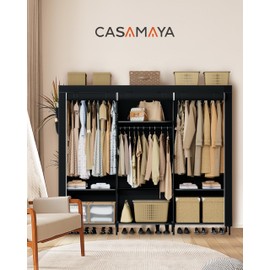 CASAMAYA Portable Closet, 81.1 Inch Extra Large Capacity Wardrobe Closet with Cover, Clothes Storage Organizer with Shelves and 3 Hanging Rods, Easy to Assembly, Black PCT133B01