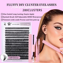 DIY Eyelash Extensions Kit - 280 Pcs Mix False Eyelashes, 8-16mm Individual Lashes Volume Lash Clusters Lash Extensions with with Lash Adhesive and Sealed Lash Tweezers Natural Eye Makeup, 50P/Dense