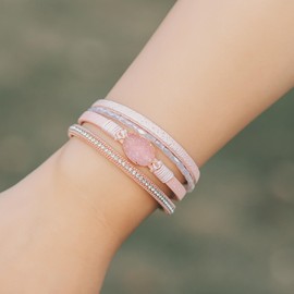 Leather Wrap Bracelet Boho Cuff Bracelets Crystal Bead Bracelet with Clasp Jewelry Gifts for Women(7.7", Pink)