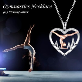 Gymnastics Necklace for Girls - 925 Sterling Silver Heartbeat Gymnastic Pendant Birthday Jewelry Gifts for Gymnast Granddaughter Women (CZ)