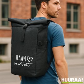 Huuraa Kurierrucksack Haan verliebt Geschenk 30-44 Liter Black Melange Roll-Top Fairtrade Haan Geschenkidee