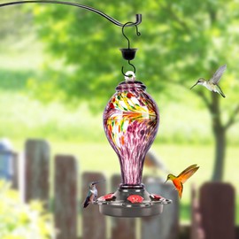 LUJII Hand Blown Glass Hummingbird Feeder for Outdoors Hanging with Ant Guard, 25 fl.oz, Leak Proof & Rustproof, Metal Base with 5 Feeding Ports & 5 Perches, Unique Garden & Backyard Decor (Purple)