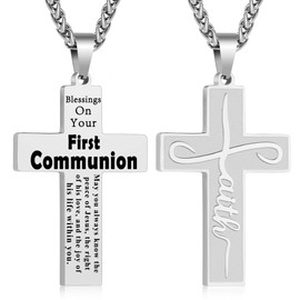 Gnamy First Communion Gifts for Teen Teenage Teenager Boys Kids, Faith Cross Necklace for Men, Stainless Steel Cross Pendant Chain Jewelry, Inspirational Bible Verse Christian Religious Gift, Silver