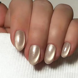 Uñas postizas cortas con efecto ojo de gato - Uñas postizas ovaladas color beige nude, uñas postizas almendradas glaseadas con acabado brillante, cali