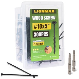LIONMAX Deck Screws 5 Inch, Wood Screws #10 x 5", 300 PCS, Rust Resistant, Exterior Epoxy Coated, Outdoor Decking Screws, Torx/Star Drive Head Screw, T25 Star Bit Included, Black