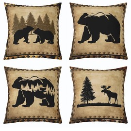 Set of 4 Retro Bear Throw Pillow Covers,Cabin Deer Hunting Cushion Case for Home Living Room Decor, Reversible Farmhouse Wolf Animals Brown Yellow Decorative Throw Cushion Case, 18x18 Inches