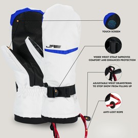 JRZHX Touch Screen Ski Gloves Women & Men with Quadruple Layer Protection, Waterproof Snow Gloves Breathable & Warm, Snow Stopper Adjustable Wrist Drawstring, Anti-Lost Rope (White, X-Large)