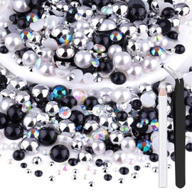 80g Flatback Pearls and Rhinestones for Crafting, Black White Mixed Size 3-10mm Resin Rhinestones and Half Pearls for Bedazzling, Nail Art and Decoration with Tweezer and Pickup Pencil