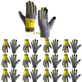 HANDLANDY Work Gloves Bulk for Men & Women, Pack of 12 Pairs Utility Mechanic Working Gloves Touch Screen, Flexible Yard Work Gloves (Medium (Pack of 12), Grey&yellow)