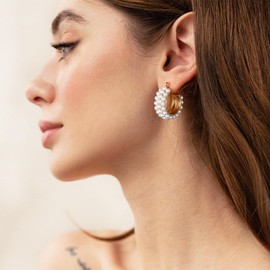 YeGieonr Gold hoop earrings for women, stainless steel beads, small huggie earrings with shiny zirconia, hypoallergenic fashion jewellery, gift for women and girls, Stainless Steel, Cubic Zirconia