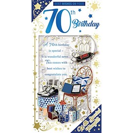 Age 70 Birthday Card - 70th Birthday Wine Shoes Blue Gold Foil 9x4.75