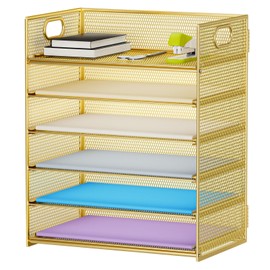 Marbrasse Paper Letter Tray Organizer - 6 Tier Mesh File Organizer with Handle, Paper Sorter Organizer for Letter/A4 Office File Folder Holder - Gold