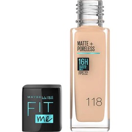 MAYBELLINE Base Maquillaje Fit Me Matte Rich Tan + Poreless 30ml, matifica y controla el brillo, tiene FPS 22