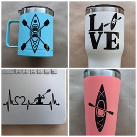 Kayaking Decal 4 Pack: Kayak Heartbeat, Love Kayaking, Detailed Kayak, Kayaking Vinyl Decals (Small ~3.5", Black)