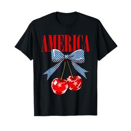Cute America Cherries Coquette Bow Funny Cherry 4th Of July T-Shirt