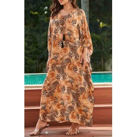 Orshoy Women's Beach Dress Summer Dress V-Neck Print Maxi Kaftan Dress Cover Up Beach Poncho Loose Maxi Dress Summer Beachwear, leopard