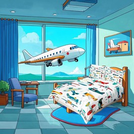Airplane Duvet Cover Set for Kids Toddler Cartoon Aircraft Bedding Set Cute Baby Boys Girls Gifts Comforter Cover with 2 Pillow Shams Double Size Child Quilt Cover