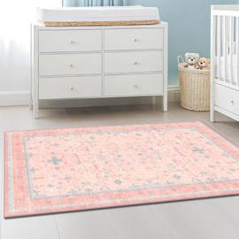 Washable Pink Nursery Rug, 3x5 Area Rugs for Entryway, Kitchen, Bedroom - Boho Modern Floral Distressed Oushak Design, Soft Faux Wool Low Pile Non Slip Stain Resistance Carpet