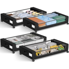 GoMaihe Under Bed Storage with Wheels: XXL 48L Underbed Storage Containers with Clear Lids - Rolling Drawers & Bins for Shoes Clothes in Dorm Bedroom - Space-Saving Easy Pull-out Black 4-Pack