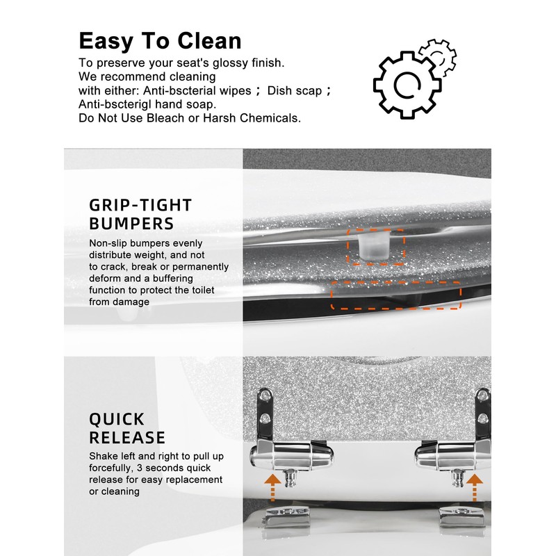 Toilet Seat Resin Elongated Silver Glitter Slow Quiet-Close Heavy Duty