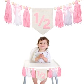 Pink Bow 1/2 Birthday Decorations Girls, Dokuna High Chair Banner Half Birthday Outfit Baby Girl, 6 Months Half Way to One Party Decorations