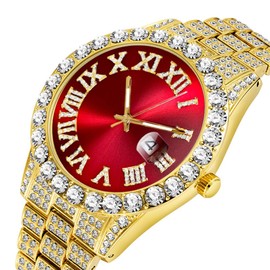 SENRUD Men's Diamond Watch Fashion Crystal Rhinestone Quartz Analog Watch Iced-Out Bracelet Wrist Watch (Gold red)