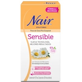 Nair Tiras de Cera Fría Corporal Sensible 40 piezas. Marca Probada por Dermatólogos con Extracto de Manzanilla, Piel Suave y Tersa hasta por 4 Semanas