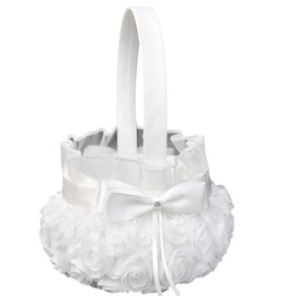 Petyoung Wedding Flower Girl Basket with Bowknot, Romantic Wedding Flower Basket Ceremony Party Decor - White