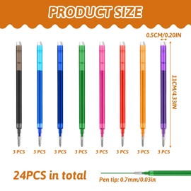 0.7 mm Erasable Gel Ink Pen Refills Compatible with Frixion Friction, 8 Colors Multicolor Retractable Fine Point Pen Refill (Blue、Black、Red、Green、Orange、Lake Blue、Purple、Rose Red) (8Color, 24)