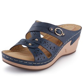 Alexis Leroy Sandalias de cuña para mujer, puntera abierta, cómodas, con correa cruzada, Azul / Patchwork, 10