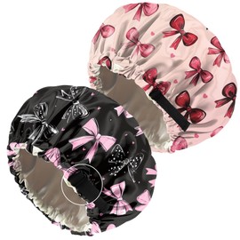 Cabreche 2 PCS Bonnets for Women Girls Satin Hair Bonnet Double Layer Silk Adjustable Elastic Sleep Cap Cute Aesthetic-Black Pink Bowknot