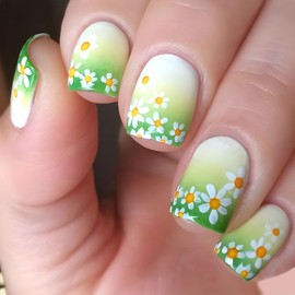 24 PCS Autumn Press on Nails Short Square - ZWENJIE Fall Green Cute Sequins Fake Nails Press ons Nail Art Tips with Flowers Glossy Design Full Cover Acrylic False Nails Glue on Nail Kit for Women Girl