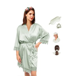 Y WJing Yi Jia Womens Kimono Robes Dressing Gown Bridal Robe Silk Robes Satin Bathrobe Nightdress Short Style Morning Robes Lace Trim Robes Size: Plus Size