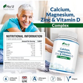 Nu U Nutrition Calcium, Magnesium, Zinc & Vitamin D – 365 Vegetarian Tablets for Bone, Muscle & Immune Support