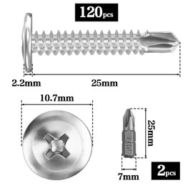 Pack of 120 Self-Tapping Screws 410 Stainless Steel 4.2 x 25 mm Self-Tapping Screws Self Tapping Drilling Screws Self-Drilling Screws for Steel Metal Screws Drilling Screws Countersunk Head with 2